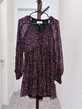 CeCe Black Floral V-Neck Long Sleeve Dress with Pink Accents